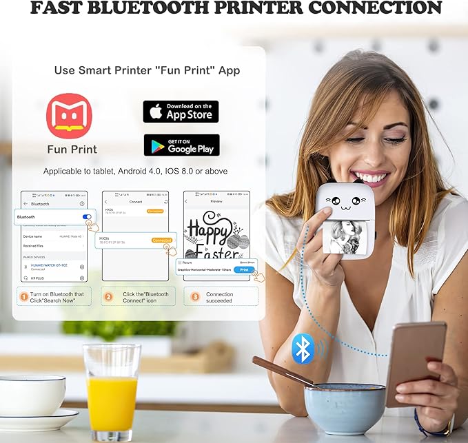 Mini Printer, Thermal Printer Sticker Maker with 10 Rolls Paper, Portable Pocket Printer for Notes, Journal, Fun, Work, Receipt Printer for Kids, Compatible with iOS&Android