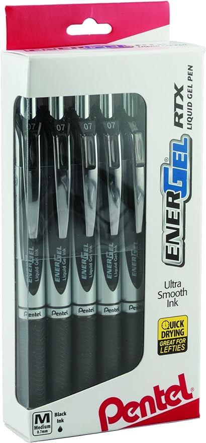 Pentel EnerGel RTX Retractable Liquid Gel Pen, (0.7mm), Medium Line, Metal Tip, Black Ink, Window (BL77PC12A1) (Pack of 1, 12 Count Total)