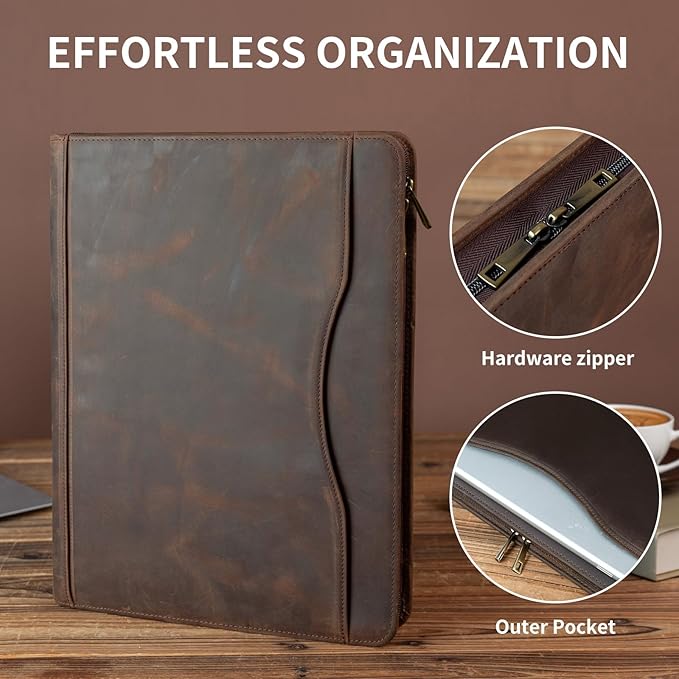 YIWEN Handmade Crazy-Horse Leather 3 Ring Binder Portfolio Padfolio Folder with Zipper for Men and Women, Business Organizer for Letter A4 Size for Meeting and Travel (Custom Engraved, Dark Khaki)