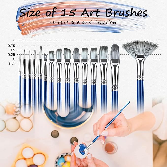 Rosmax Artist Paint Brushes-Nylon Hair and 15 Different Sizes for Acrylic Painting,Oil,Watercolor,Fabric-Great for Kids Adult Drawing Arts Crafts Supplies or Beginners,Professional