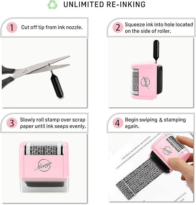Miseyo Wide Identity Theft Protection Roller Stamp Set - Pink (3 Refill Ink Included)