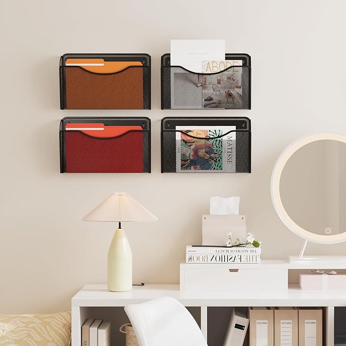 Mesh Hanging Wall File Holders, Vertical Mounted File Holder，Wall Basket Mail Organizer for Office, Home and School (Black 6Pack)