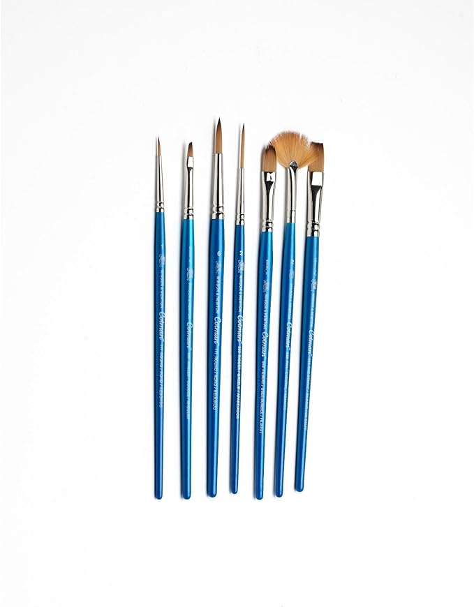Winsor & Newton Cotman Short Handle Brushes, Set of 7, (Round 1 & 6, Rigger 2, Filbert 1/4", One Stroke 3/8", Angled 1/8", Fan 2)