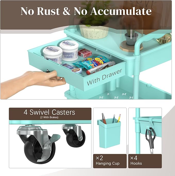 4 Tier Rolling Utility Cart with Drawer, Utility Storage Organizer with Plastic Shelf & Lockable Wheels Multifunctional Storage Cart for Kitchen, Bathroom, Office, Living Room, Blue