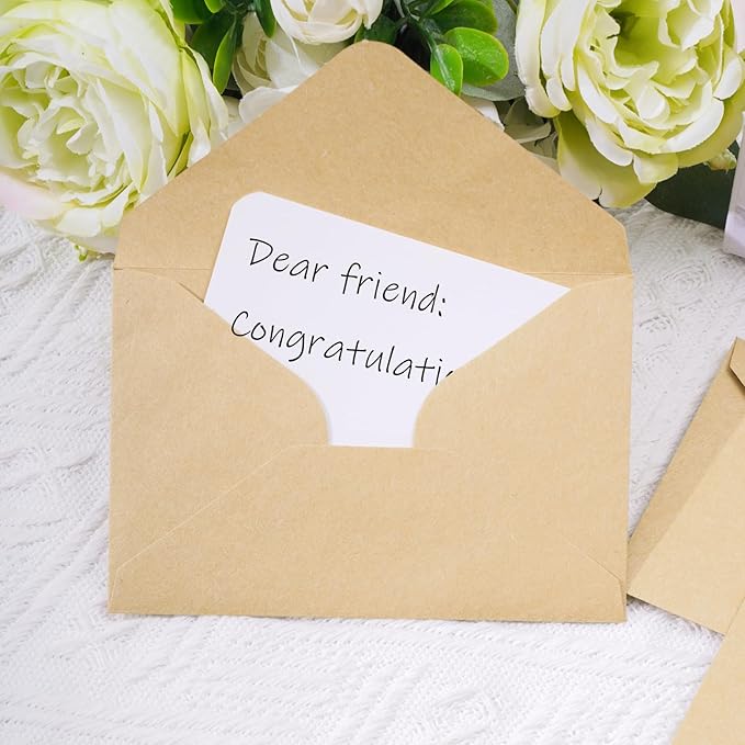 jiebor 100 Sets Small Kraft Envelopes with Small Blank Gift Business Card Wedding Invitation Pocket Envelopes for Graduations Wedding Shower Holiday 4.37 x 2.91 Inch Brown