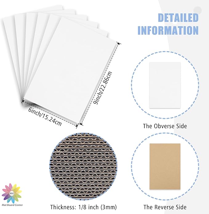 Mat Board Center, 25 pack 6x9 Corrugated Cardboard sheet, 1/8 inch thick, Flat Cardboard Inserts for Mailing, Packaging & Shipping, Cardboard Backing, Craft Card Board (White on one side)