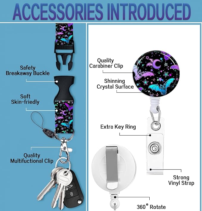 ID Badge Holder with Retractable Lanyard and Keychain, Badge Reel with Rotate Carabiner Clip,Colorful Bat Card Name Tag Lanyard ID Protector Bage Clips for Student, Women, Office