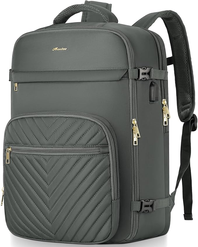 Travel Backpack for Women, Carry On Backpack for Airplanes Flight Approved, Waterproof Large Weekender Overnight Bag Fit 17 Inch Laptop with USB Charging Port, Olive Green