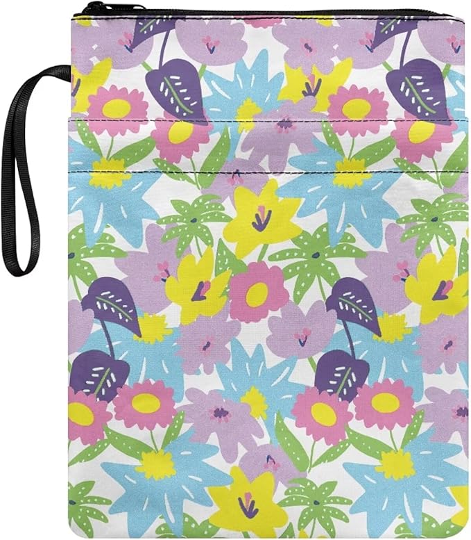 COEQINE Floral Book Sleeve with Zipper Washable Chain Portable Book Case Pouch for Paperbacks Book Covers for Soft Cover Books