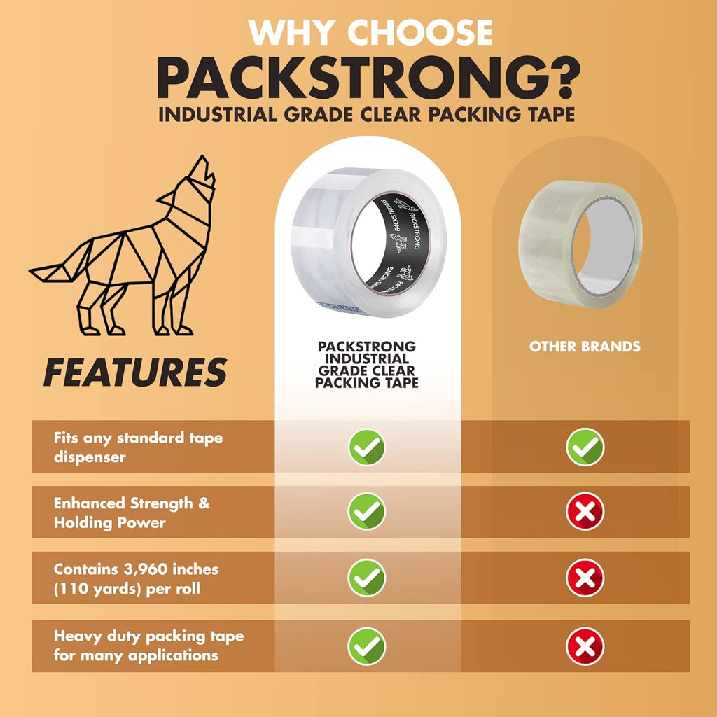Packstrong Industrial Grade Clear Packing Tape 60 Rolls - 110 Yards per Roll - 3" Wide x 2.0 mil Thick, Acrylic Adhesive Heavy Duty Tape for Box Office Moving Packaging Shipping