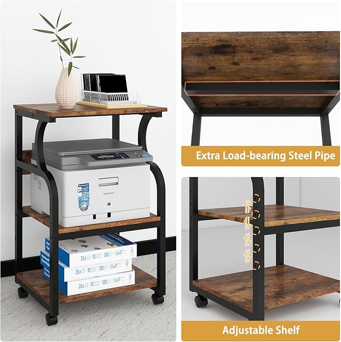 Natwind 3 Tier Printer Stand,Printer Table with Adjustable Storage Shelf, Rolling Printer Cart with Wheels for Home Office Organization,Multifunctional Shelves for Heat Press,3D Printer (Retro)
