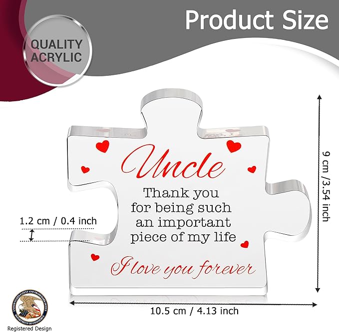 VELENTI Uncle Gifts - Decorative Favorite Uncle Gift - Acrylic Plaque with Red Velvet Bag, Cleaning Cloth, Envelope - Great Birthday Gift, from Niece, Nephew