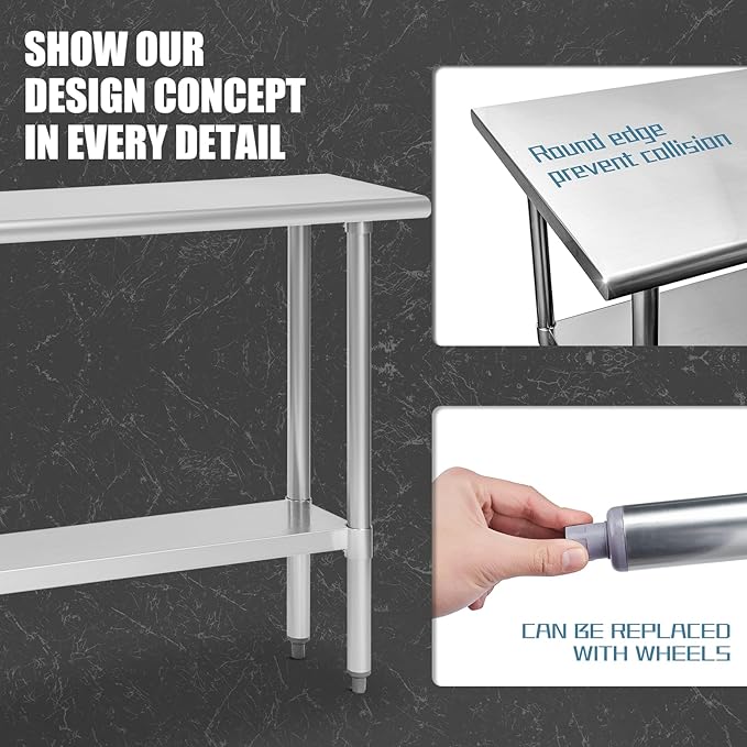 HALLY Stainless Steel Table for Prep & Work 14 x 72 Inches, NSF Commercial Heavy Duty Table with Undershelf and Galvanized Legs for Restaurant, Home and Hotel