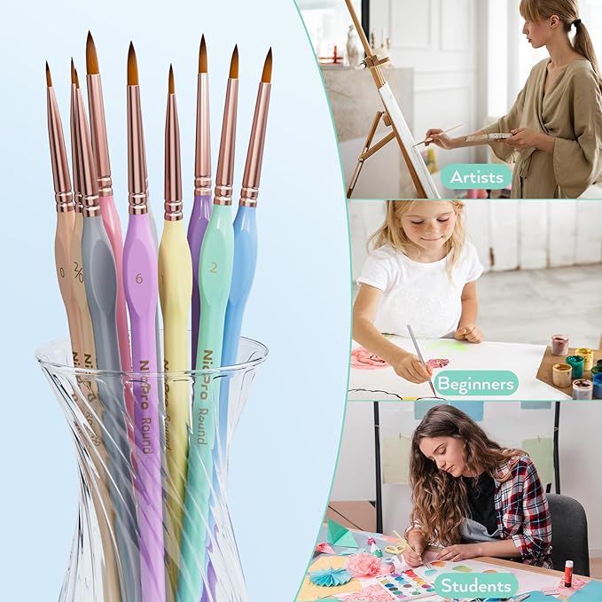 Nicpro 10PCS Micro Fine Detail Paint Brush Set, Aesthetic Pastel Small Miniature Fine Tip Detail Brushes Kit for Acrylic Oil Watercolor, Craft, Models, Miniatures, Rock Painting, Paint by Numbers