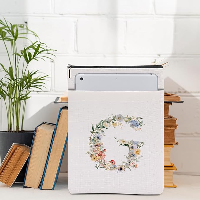 Monogrammed Book Sleeve Floral G Initial Book Pouch Book Accessories Book Lovers Gifts Waterproof Book Cover Book Protector Bookish Gifts Personalized Gifts for Women Girls Readers Bride Coworker