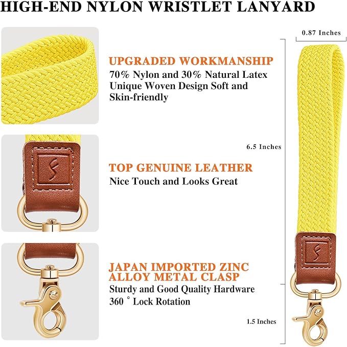 Fishent Stretchy Wristlet Keychain,Braided Cute Wrist Lanyards for Keys, Key Chain Holder for Women Men, Wrist Strap Keychain for Car Keys Phone Camera Wallet ID Badges Card (Yellow)