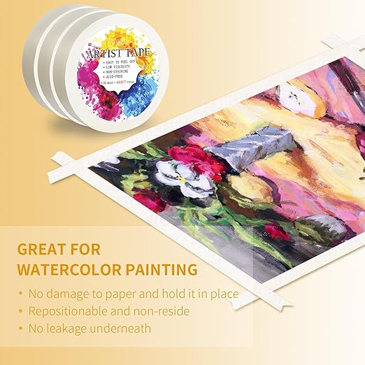 Artist Tape, 3 Packs White 1 inch for Watercolor Paper, Low Tack Masking Drafting Tape for Painting Canvas Framing, Acid-Free, 495 FT Long