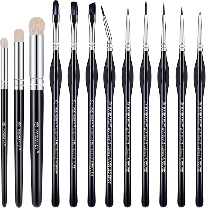 PANDAFLY Miniature Paint Brushes Drybrush, 12 Sizes Detail Paint Brush Set, Acrylic Paint Brushes for Oil, Watercolors, Tabletop, Citadel, Figurine, Warhammer 40k, Model for Beginners & Professional