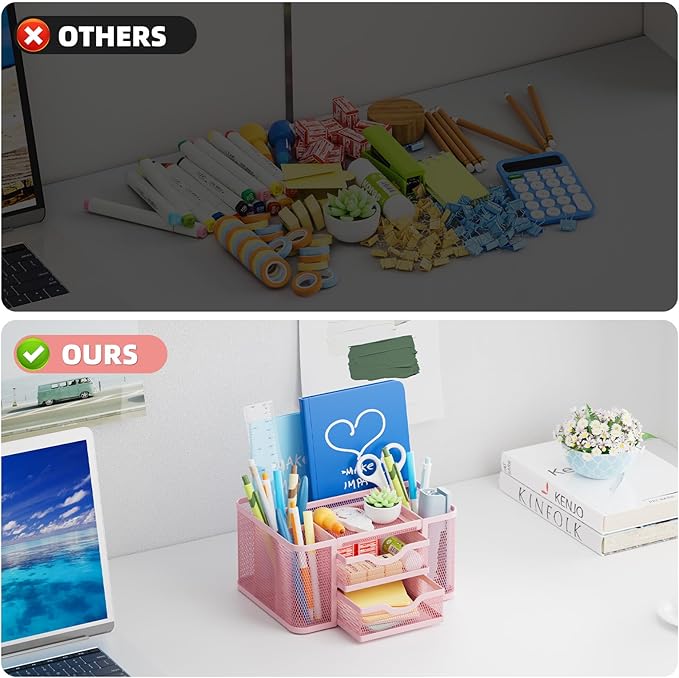Marbrasse Mesh Desk Organizer, Pen Organizer with 2 Drawer, Multi-Functional Pencil Holder for Desk, Desk Organizers and Accessories with 5 Compartments + Drawer for Office Art Supplies (Pink)