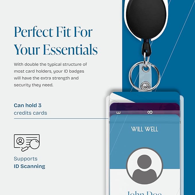 Will Well ID Badge Holders with Clip and Keyring - Vertical Clear Plastic 2.52" x 3.58" Sleeves Fit Up to 3 Cards - Retractable 24" UHMWPE Fiber Pull Cords for Easy Access - 2-Pack, Black Reels