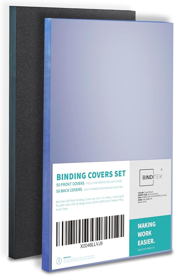 Binditek 100 Pack Binding Covers and Backs Set, 8.5 x 14 Inches, Including 50 Pcs 8 Mil Clear PVC Binding Covers, 50 Pcs 12 Mil Sand-Textured Polycovers, for Legal Size