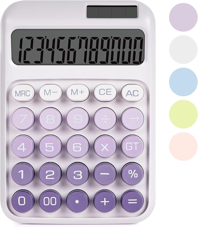 Mechanical Switch Calculator with Big Buttons, Calculators Desktop, 12 Digits, Solar Battery Power, Desk Calculator, Large LCD Display,Cute Purple Calculator for Teachers Students Basic Office