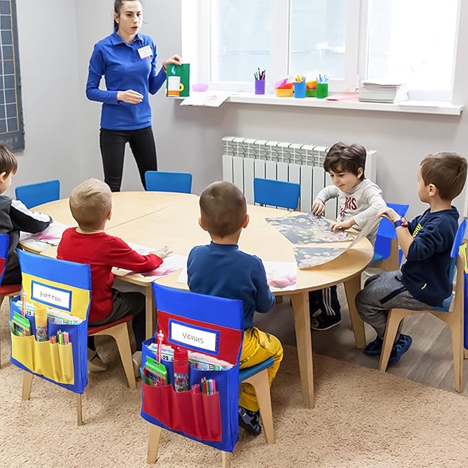 VNOM Chair Back Pocket School Seat Chair Storage Pocket Organizer with Label Slot Multiple Pockets for School Home Classroom Preschool Daycare (Yellow+Blue)