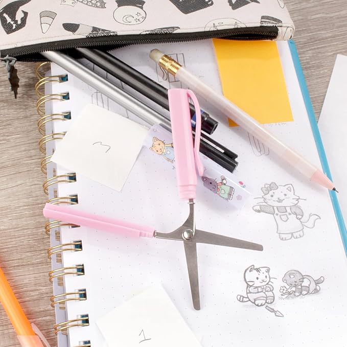 JubileeYarn Portable Travel Safety Scissors, Pen & Push Folding Style - Garden Kitty Pen, Pink Pen, Pink Push