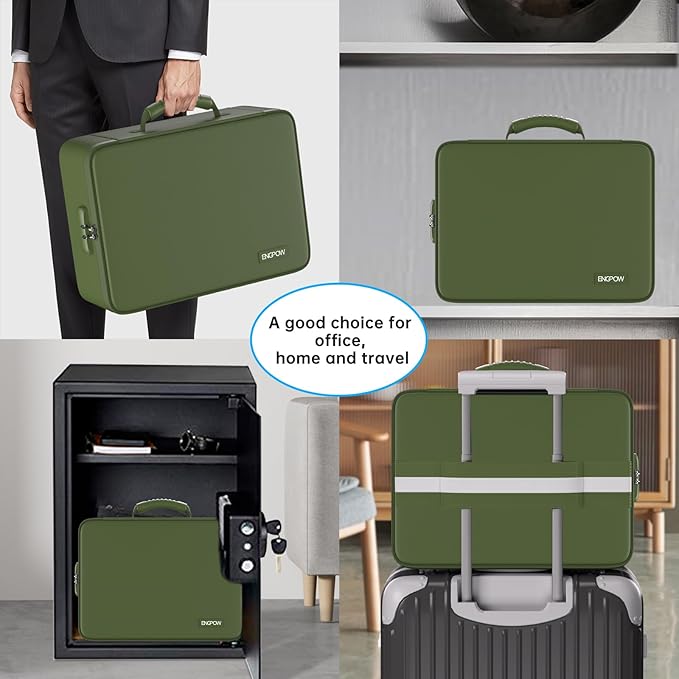 ENGPOW 5200℉ Fireproof File Organizer Bag with 13 Pocket Accordion File Folder,Document Organizer Box with Lock&Labels,Multi-Layer Portable Home Travel Safe Storage for Important Documents,Green