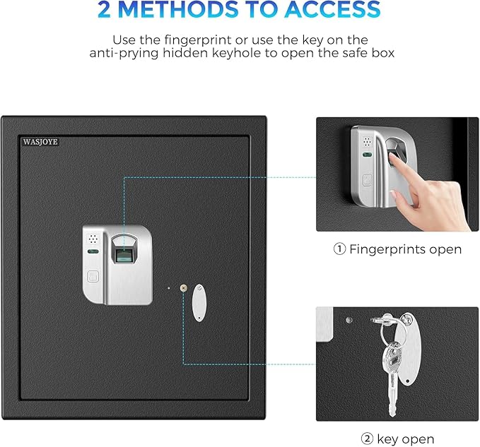 WASJOYE Fingerprint Biometric Safe Box Fireproof - Fingerprint Safe Box with Fireproof Lock Box, 2.5 Cubic Feet Fingerprint Safe for Home Office Hotel Jewelry Cash Documents Valuables Storage