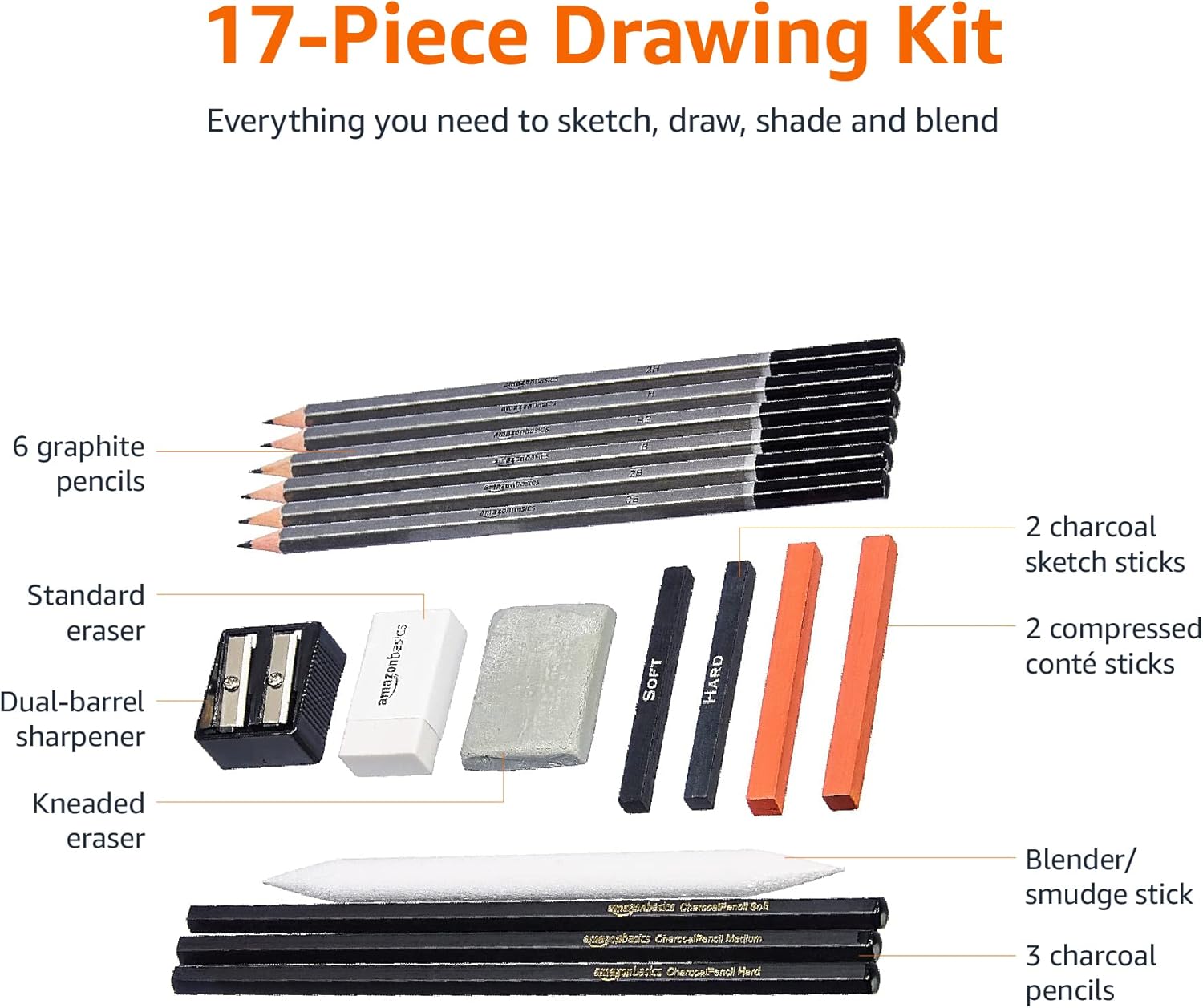 Amazon Basics Sketch and Drawing Pencil Set, 816 Count (17 Packs of 48), Charcoal, Black, White