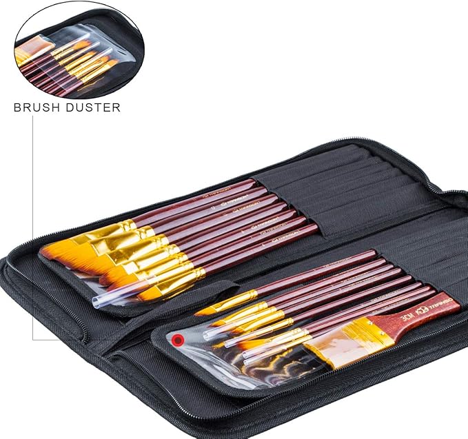 Transon 16pcs Professional Long Artist Paint Brush Set with Brush Case Assorted for Acrylic Watercolor Gouache Oil Tempera and Body Painting