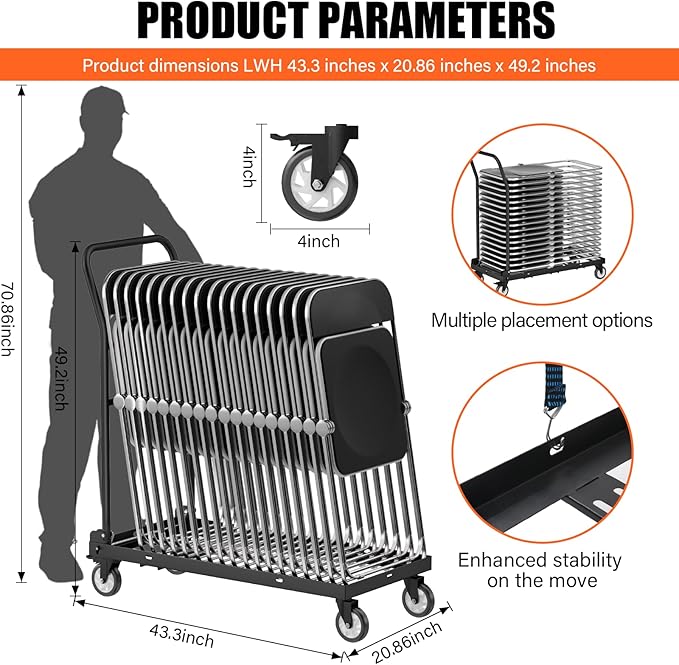 Folding Chair Cart,Tolerable 300 LBS,Multi-Function Chair Cart,Folding Chair Dolly, 4" 360 Degree Swivel Wheels with 12 Folding Chairs Capacity for Commercial & Home Kitchen Folding Chair Racks