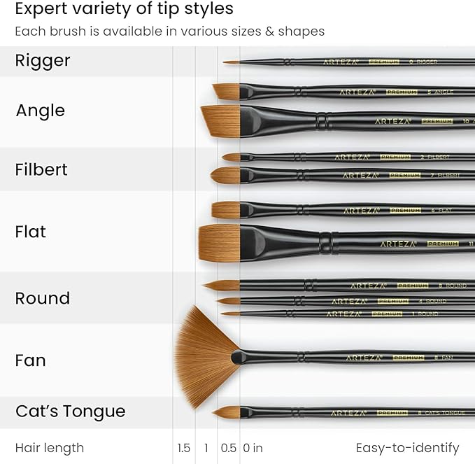 ARTEZA Paint Brushes, Set of 12, Premium Synthetic Brushes with Brass Ferrules & Wooden Handles