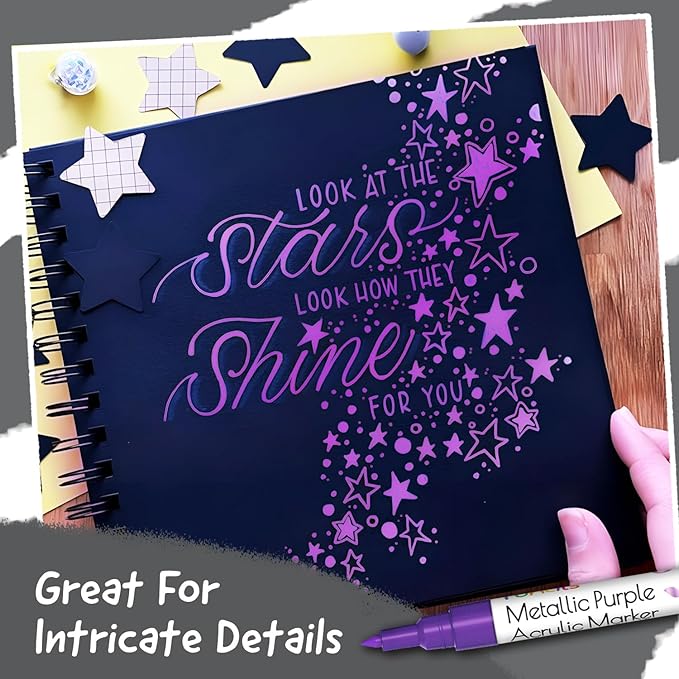 5 Metallic Acrylic Purple Paint Pen - Extra Fine Tip, Thin & Jumbo (1mm, 3mm, 6mm, 10mm, 15mm) - Markers for Fabric, Metal, Plastic, Canvas, Wood, Rock Painting, Glass, Purple Permanent Marker