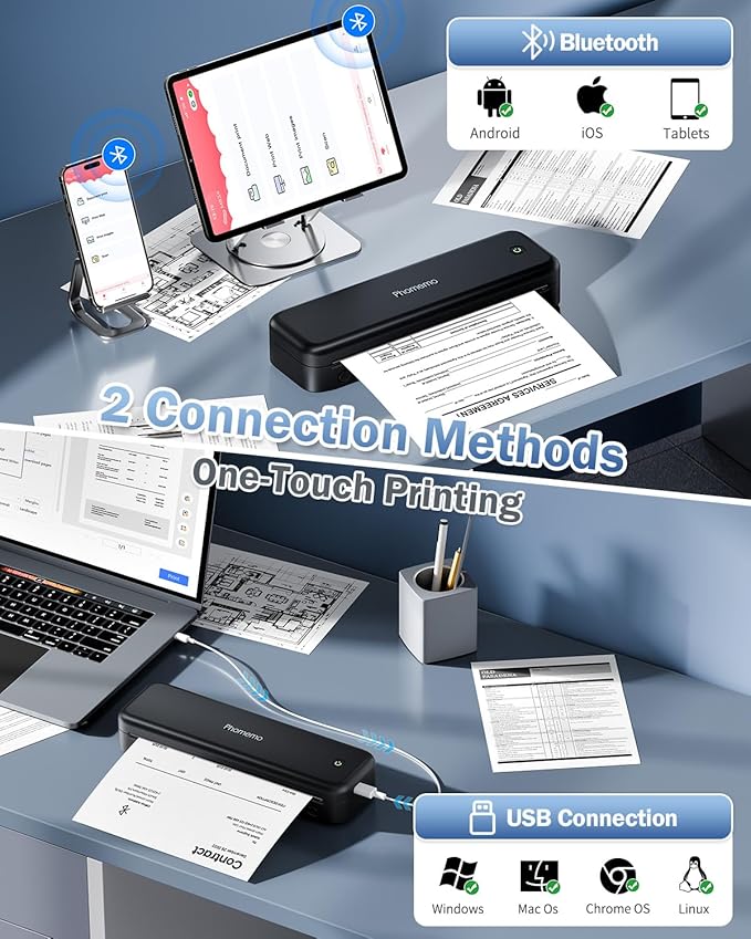 Phomemo M834 Ultra Portable Printer Wireless for Travel, Bluetooth Thermal Printer 8.5" x 11"&A4, Compatible with iOS,Android & PC,Inkless Mobile Printer for Travel,Office,School,Home,Black