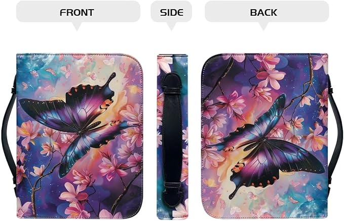 Lotusorchid Cherry Blossom Butterfly Printed Bible Bags, Faux Leather Bible Covers with Handle Pockets for Women, Blue Butterfly Sturdy Bible Bag for Girls Ages 8-12, Christian Bible Study Accessories