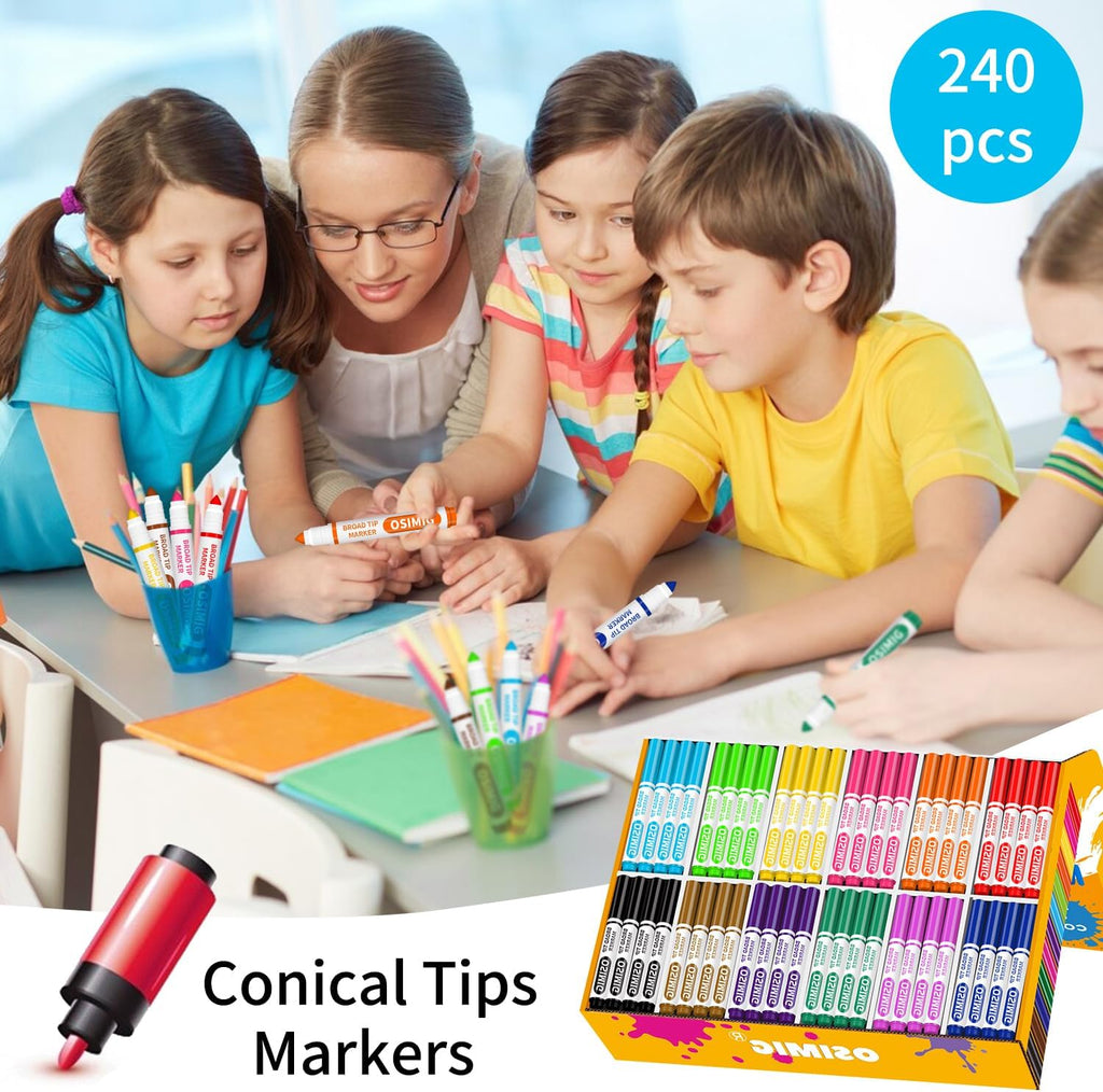 Washable Markers Bulk, 240 Count, 12 Assorted Colors, Markers for Classroom, Broad Line Conical Tip, Large Capacity, School Art Supplies for Kids