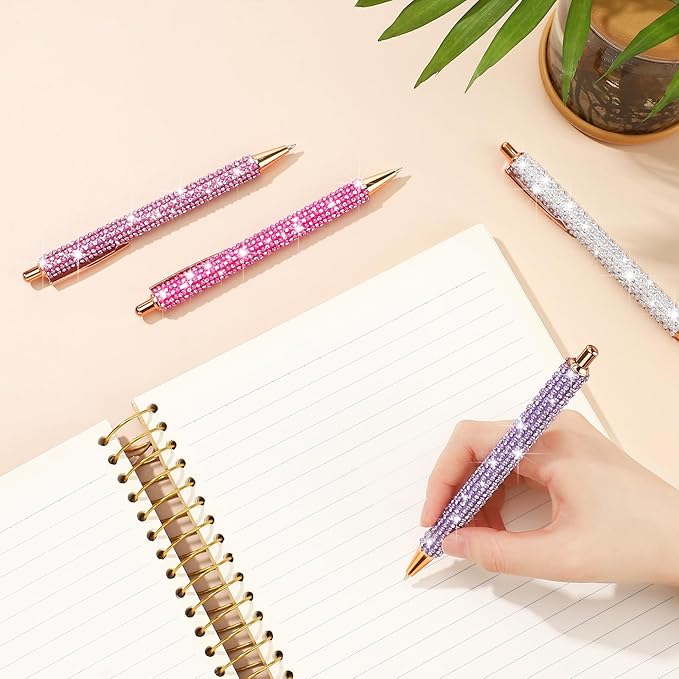 Ireer 4 Pcs Bling Rhinestone Sparkly Pens for Women Diamond Ink Crystal Glitter Metal Ballpoint Bedazzled Fancy Pens 4 Pcs 1.0mm Refills(Pink Series Color)