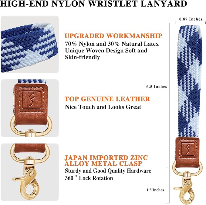 Fishent Stretchy Wristlet Keychain,Braided Cute Wrist Lanyards for Keys, Key Chain Holder for Women Men, Wrist Strap Keychain for Car Keys Phone Camera Wallet ID Badges Card (Blue-White)