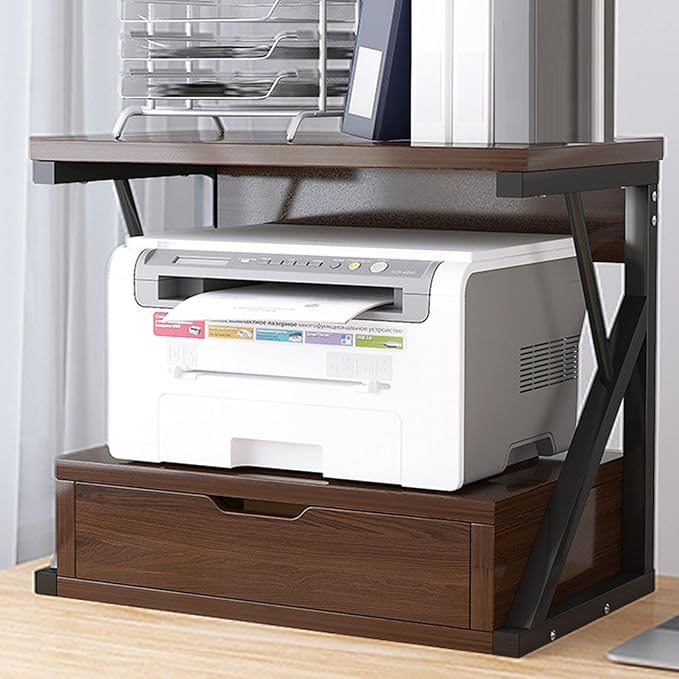 Printer Stand for Desk,2 Tier Desktop Printer Stand,Home Printer Stand with Storage Drawer,Small Printer Table,Desk Organizer Shelf for Top of Desk,Printer Rack for Fax Machine,Scanner-Walnut