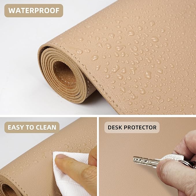 Leather Desk pad Protector, Large Desk mat with Natural Cork & PU Leather,Mouse pad,Non-Slip Office Desk Mat,Waterproof Desk Writing Pad for Office and Home (47in*23in,Dark Apricot)