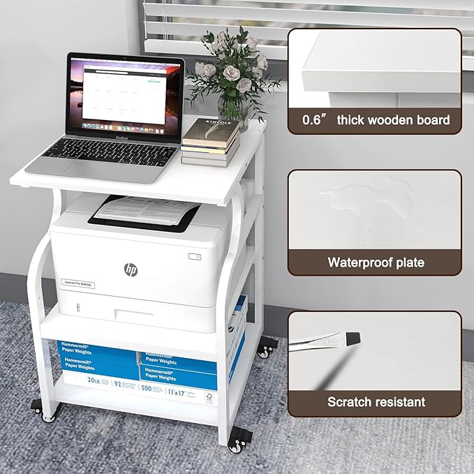 Natwind Large Printer Stand,24''x20''x29''Printer Table with Adjustable Storage Shelf,3 Tier Rolling Printer Cart with Wheels,Home Office Multifunctional Shelves for Heat Press,3D Printer (White)