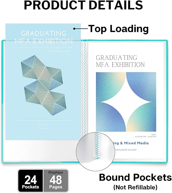 Dunwell 11x17 Portfolio Binder (Aqua), Presentation Book with 24 Clear Plastic Sleeves, Large Art Portfolio Folder, Acid-Free Poly Cover and Sleeves