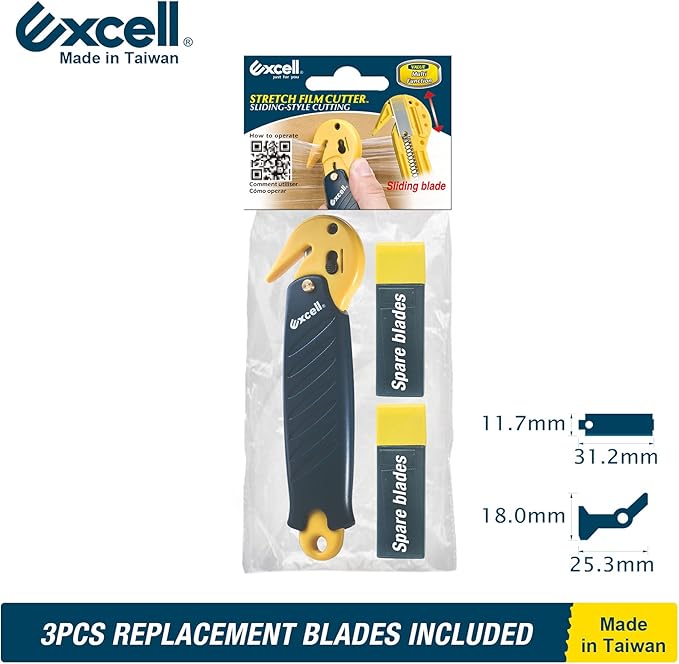 Excell Stretch Film Cutter with Carton Opener, Ergonomic Film Cutting Blade Safe and Efficient Cutting for Cryovac, Plastic Bags, Shrink Wrap, Box, Straps (W/Carton Opener)