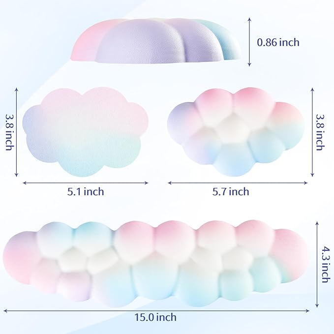 Cloud Wrist Rest Keyboard, Cloud Palm Rest Set with PU Leather Memory Foam, Cute Keyboard Rest for Wrist Support and Arm Rest, Desk Cloud Wrist Pad for PC/Gaming/Hand Cushion/Computer-Rainbow