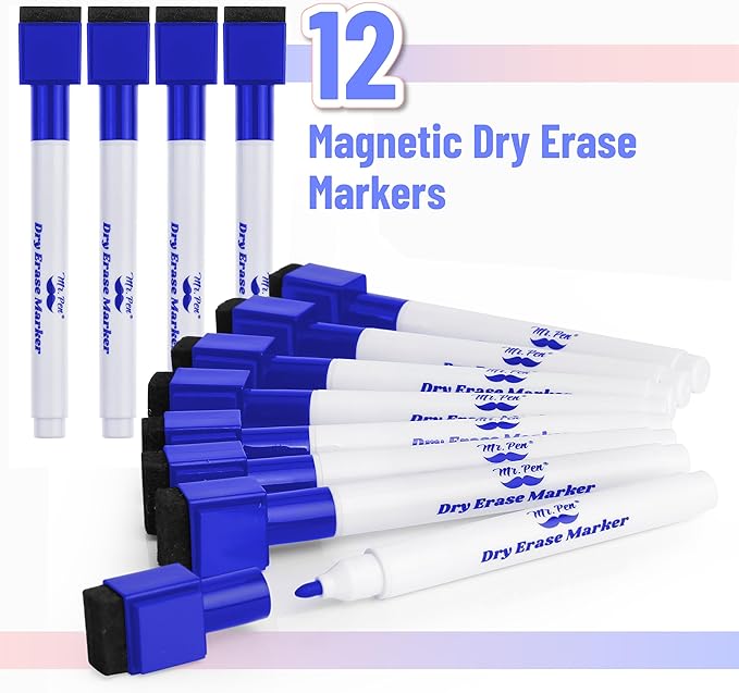 Mr. Pen Magnetic Dry Erase Markers, 12 Pack, Fine Tip, Blue with Eraser Cap