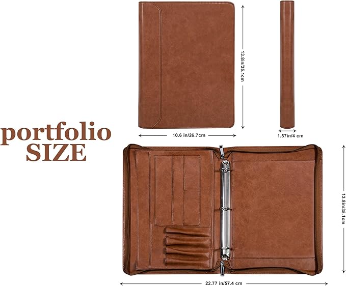 AZXCG Padfolio for Women, 3 Ring Binder Business Portfolio, Vegan Leather Zipper Binder Portfolio Folio, Document Notebook Organizer with A4 Clipboard Folder, Gift for Men, Brown