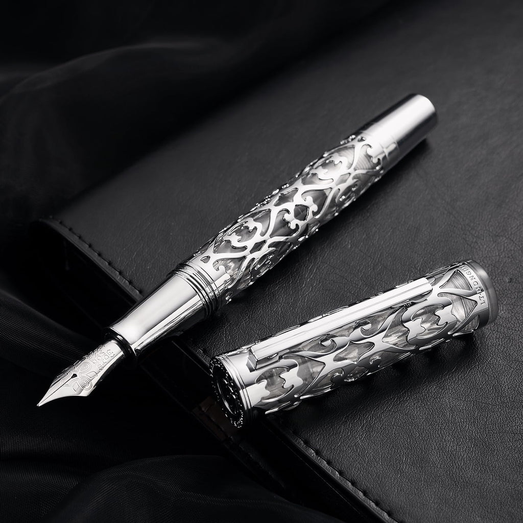Hongdian D1 Piston Fountain Pen Fine Nib, Hollow Skeleton & Resin with Metal Case Set (Silver)