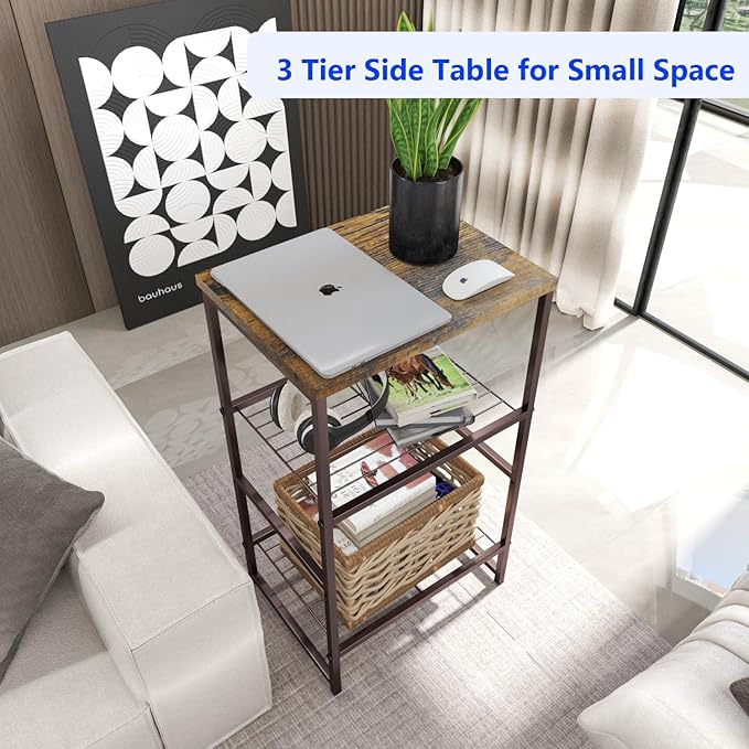 Printer Stand Holder 3 Tier - Heavy Duty Metal Shelving Unit for Under Desk Printer Storage Office Organizer, Industrial Printer Side Table with Wood Desktop for Scanner Fax Machine